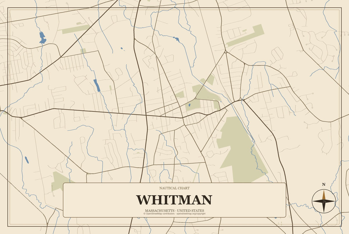 Whitman, Massachusetts City Map Aluminum Sign in Heritage Nautical style