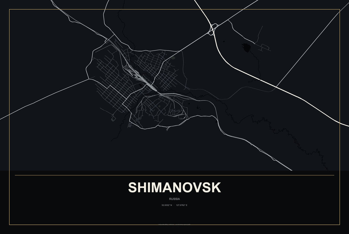 Shimanovsk, Russia City Map Aluminum Sign in Metropolitan Noir style