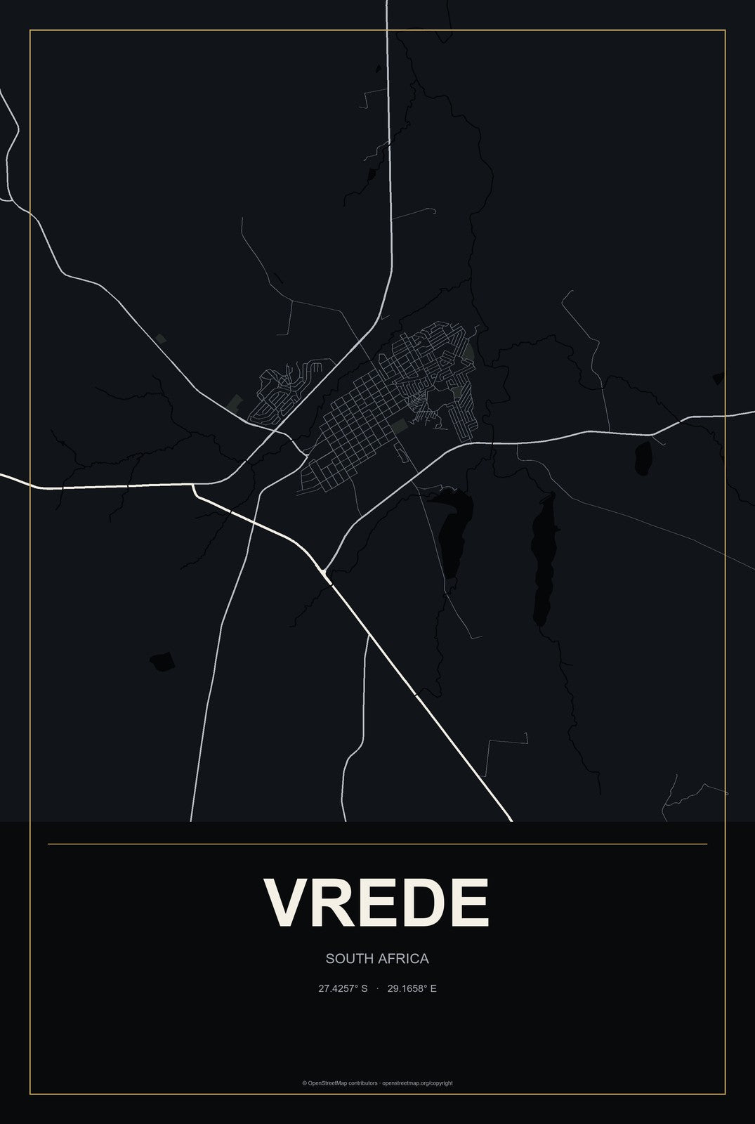 Vrede, South Africa City Map Aluminum Sign in Metropolitan Noir style