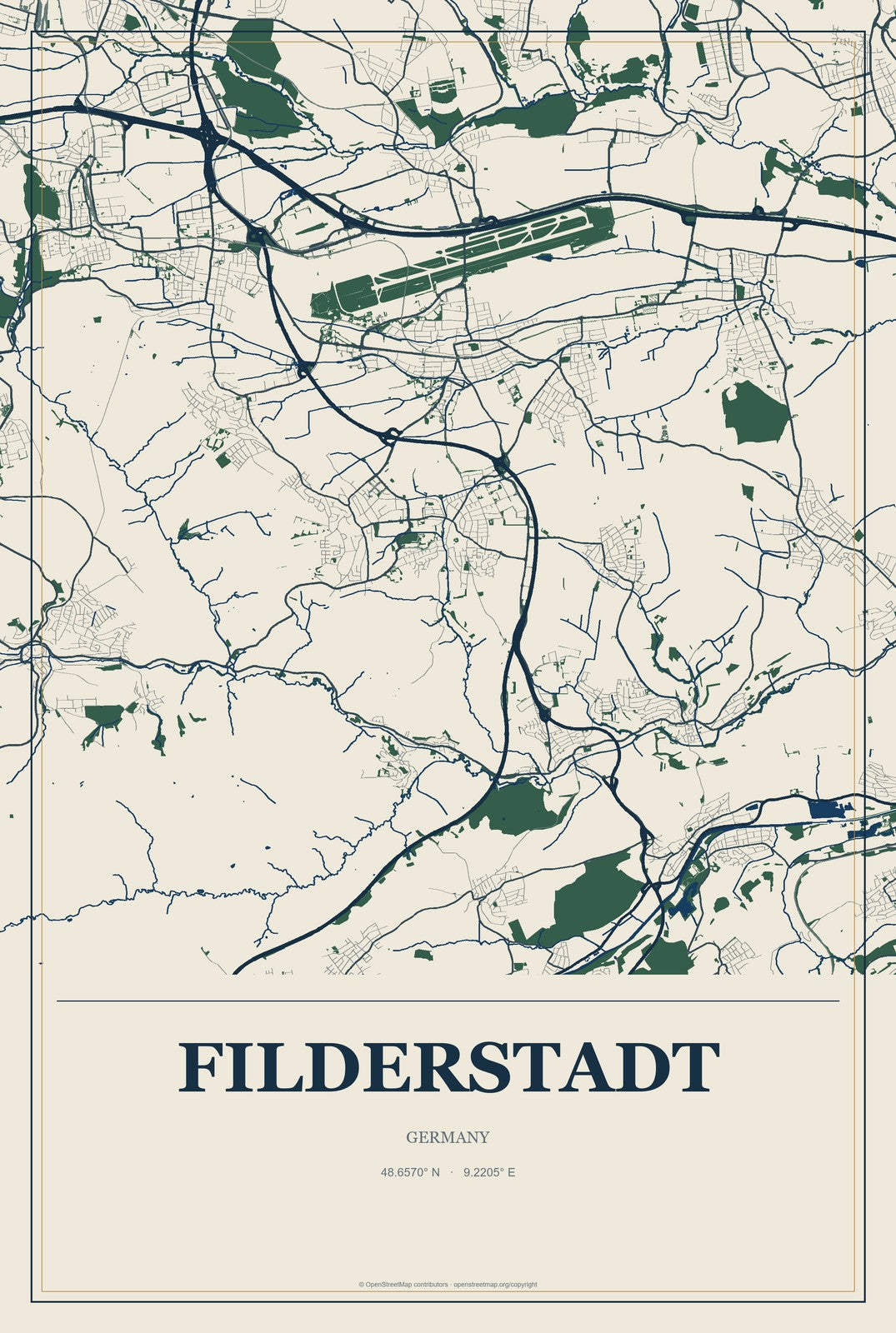 Filderstadt, Germany City Map Aluminum Sign in Coastal Cutout style