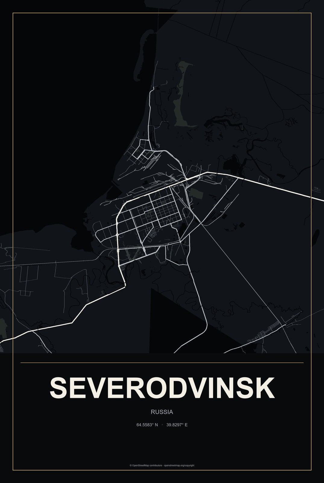 Severodvinsk, Russia City Map Aluminum Sign in Metropolitan Noir style