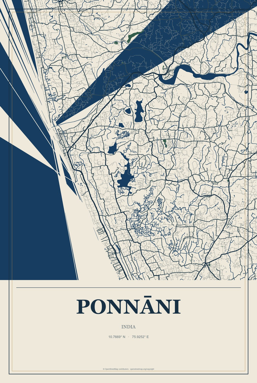 Ponnāni, India City Map Aluminum Sign in Coastal Cutout style