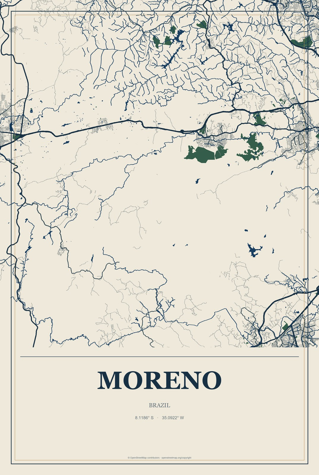 Moreno, Brazil City Map Aluminum Sign in Coastal Cutout style