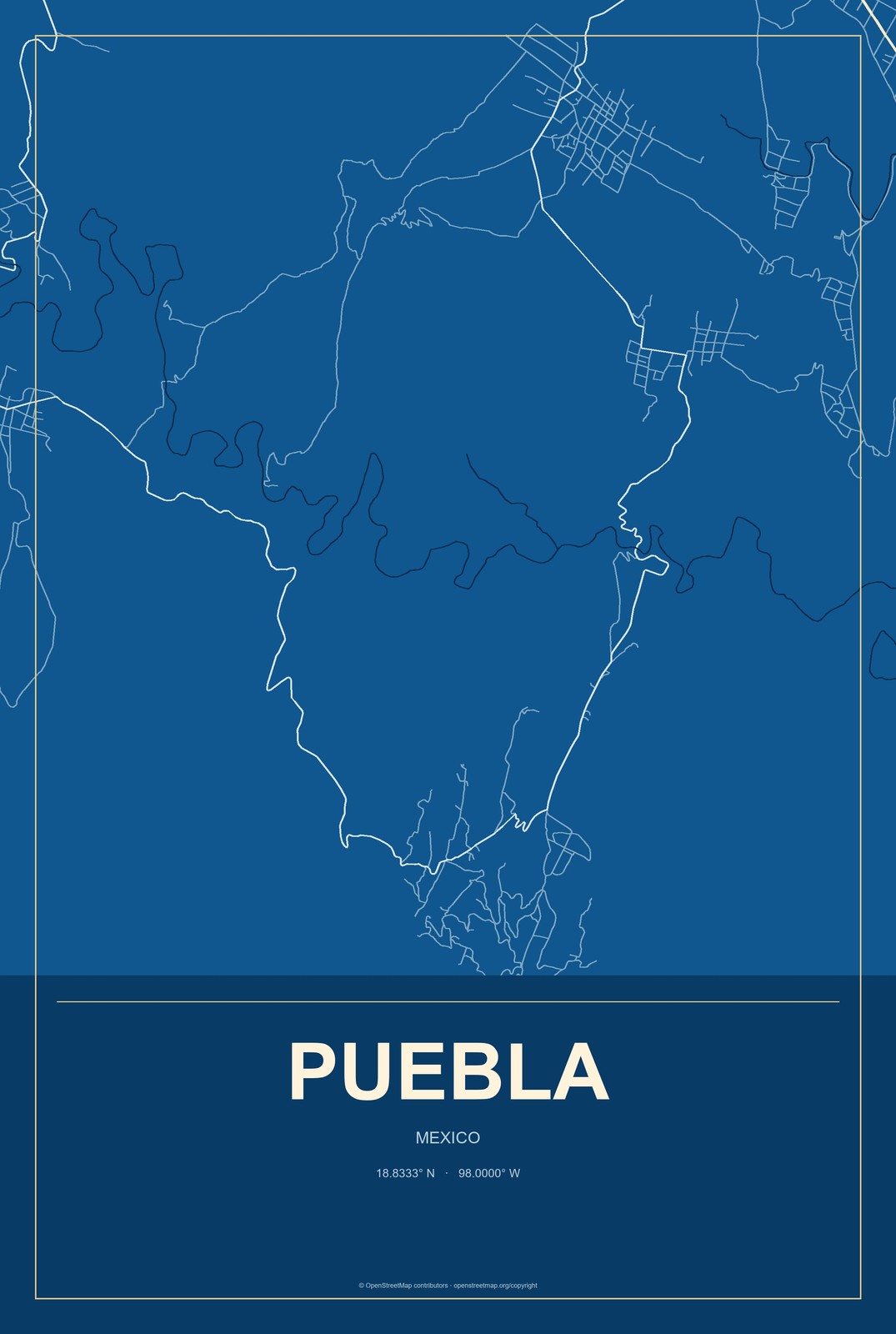 Puebla, Mexico City Map Aluminum Sign in Harbor Cobalt style