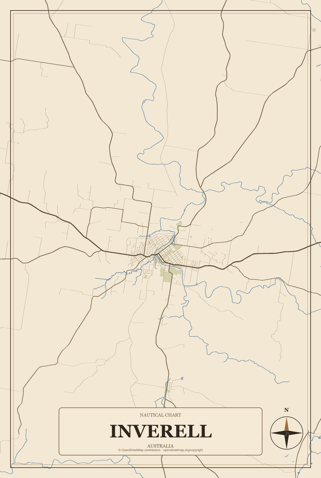 Inverell, Australia City Map Aluminum Sign in Heritage Nautical style