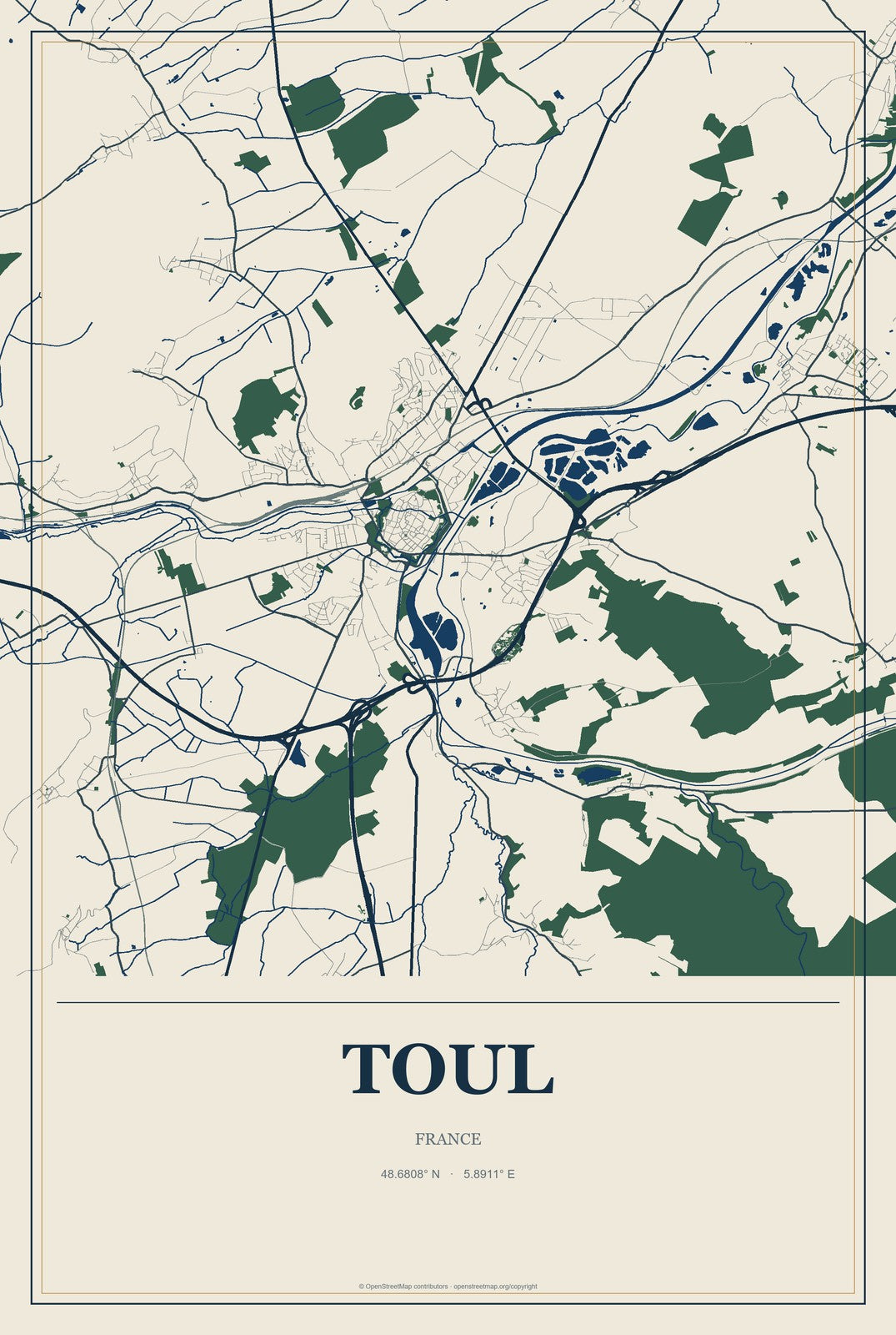 Toul, France City Map Aluminum Sign in Coastal Cutout style