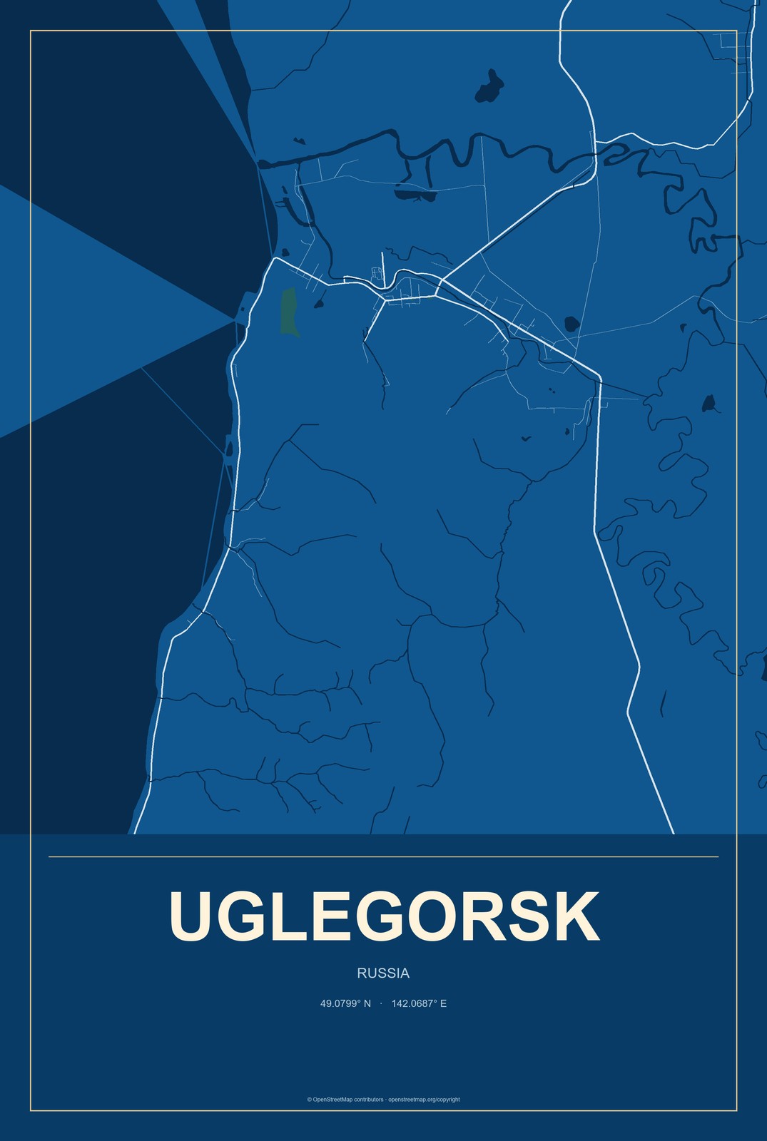 Uglegorsk, Russia City Map Aluminum Sign in Harbor Cobalt style