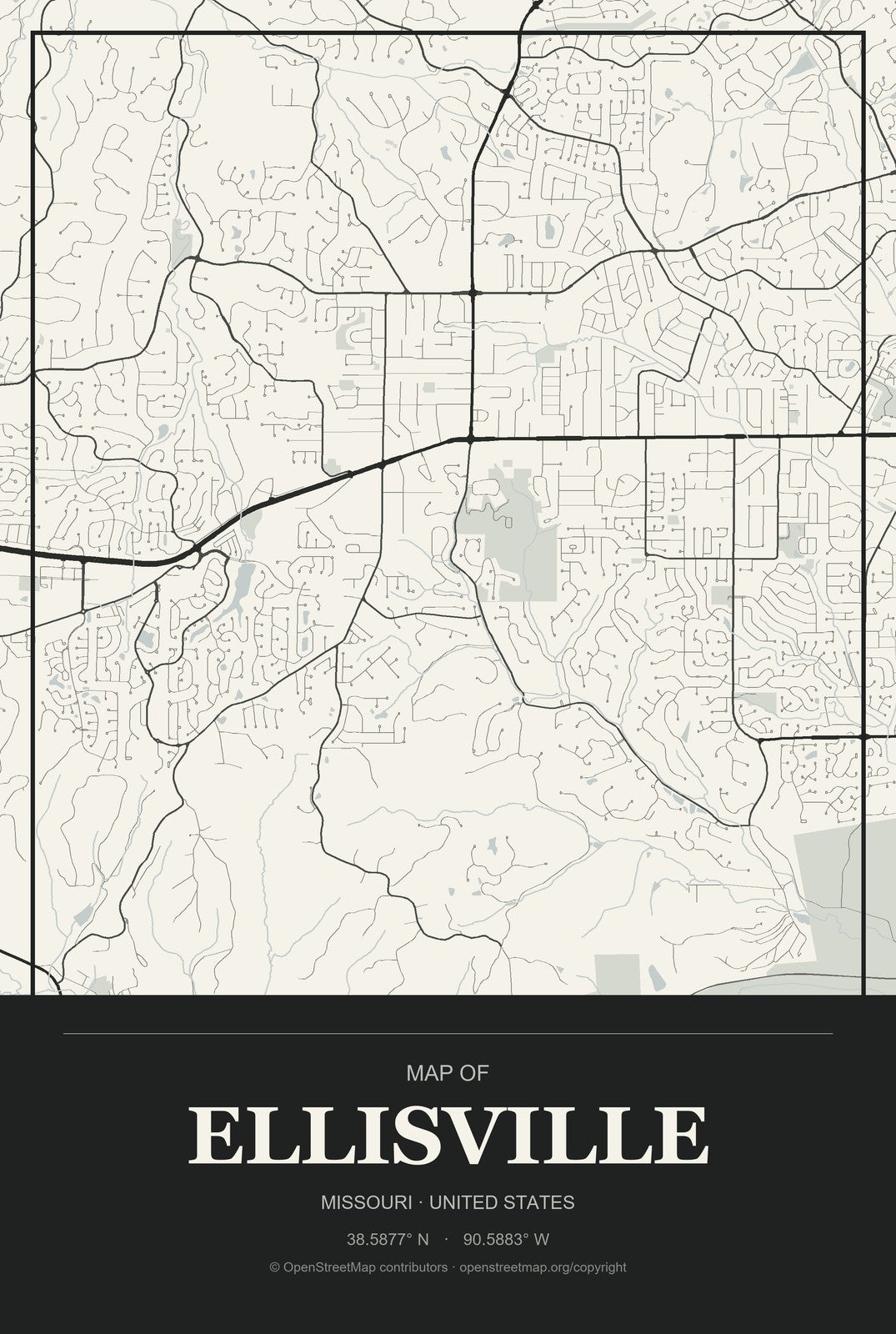 Ellisville, Missouri City Map Aluminum Sign in Museum Plaque style