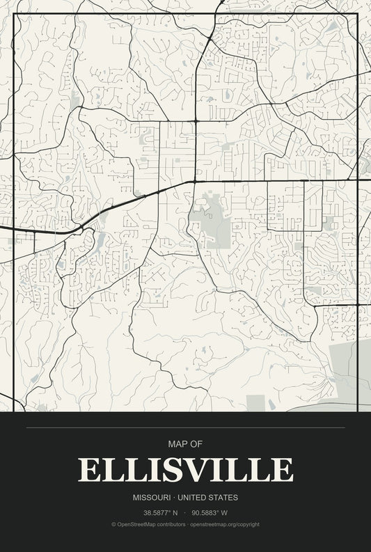Ellisville, Missouri City Map Aluminum Sign in Museum Plaque style
