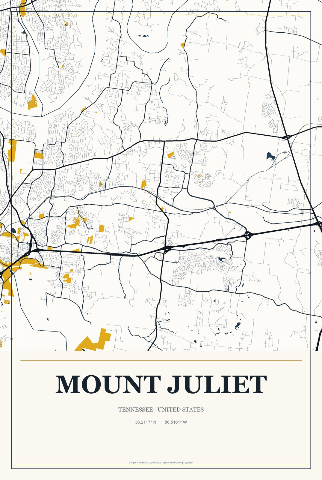 Mount Juliet, Tennessee City Map Aluminum Sign in Citrine Modern style