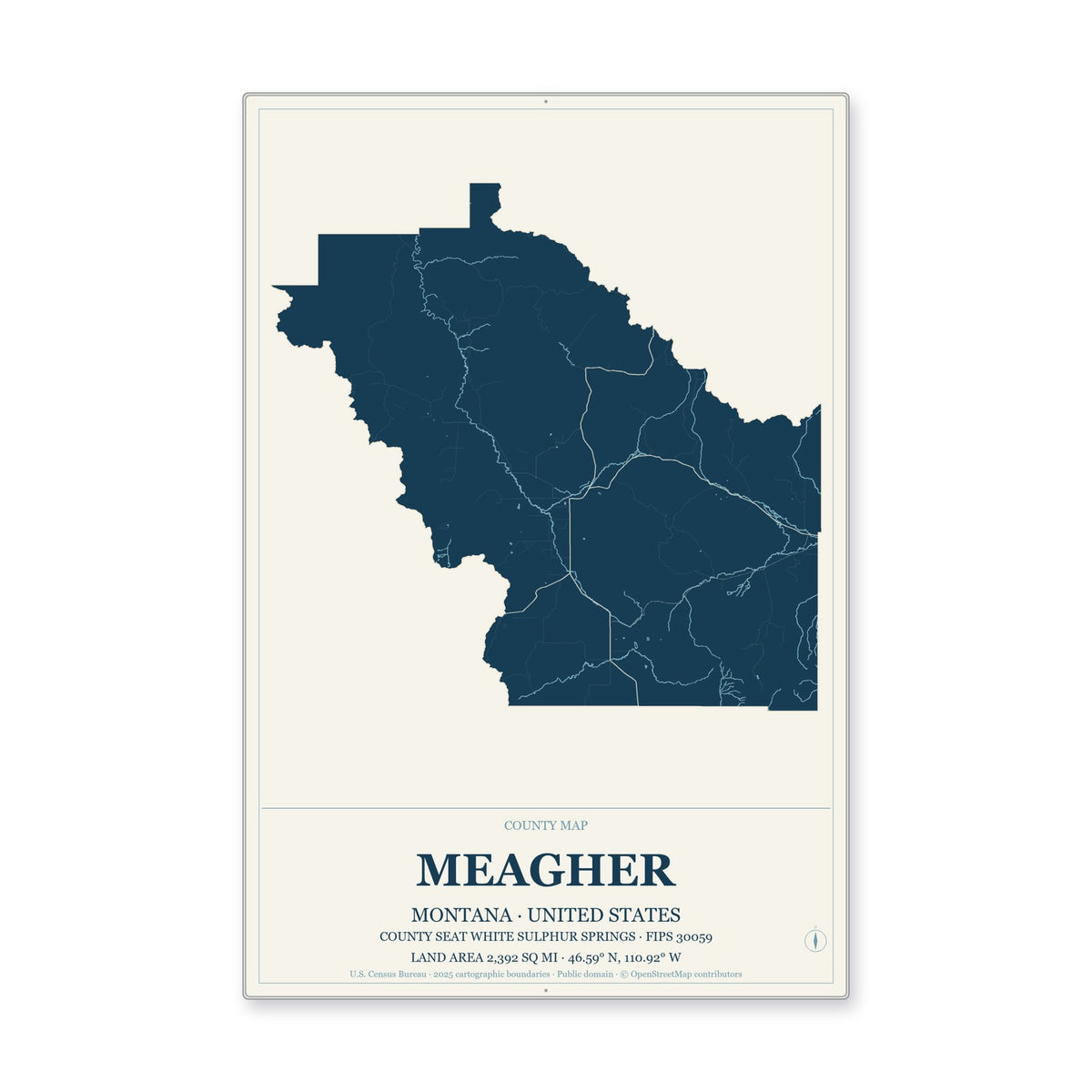 Meagher County, Montana Map Aluminum Sign in Coastal Cutout style