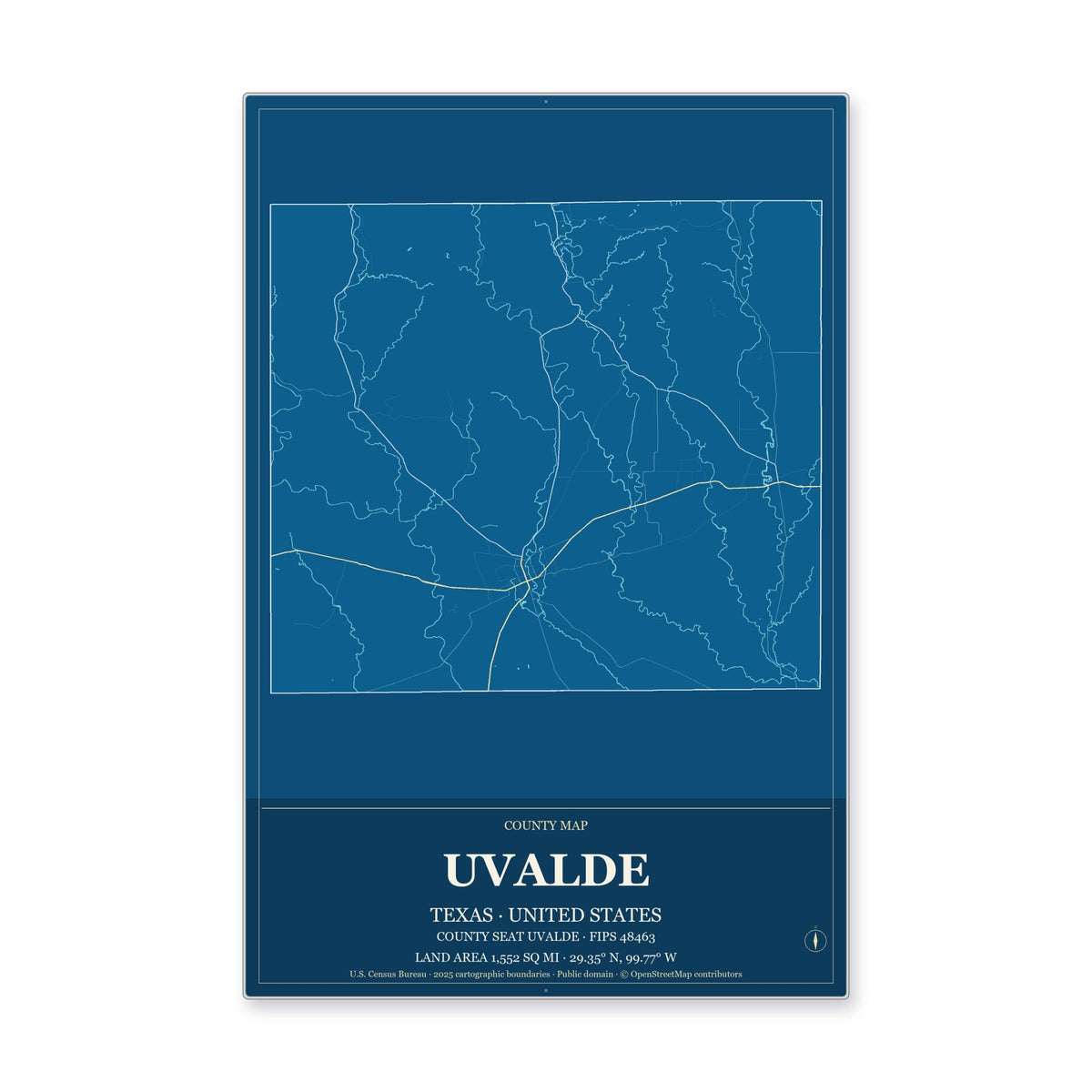 Uvalde County, Texas Map Aluminum Sign in Harbor Cobalt style