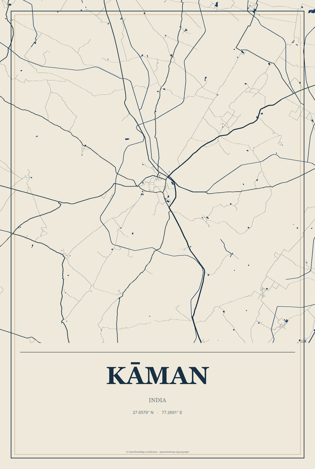 Kāman, India City Map Aluminum Sign in Coastal Cutout style