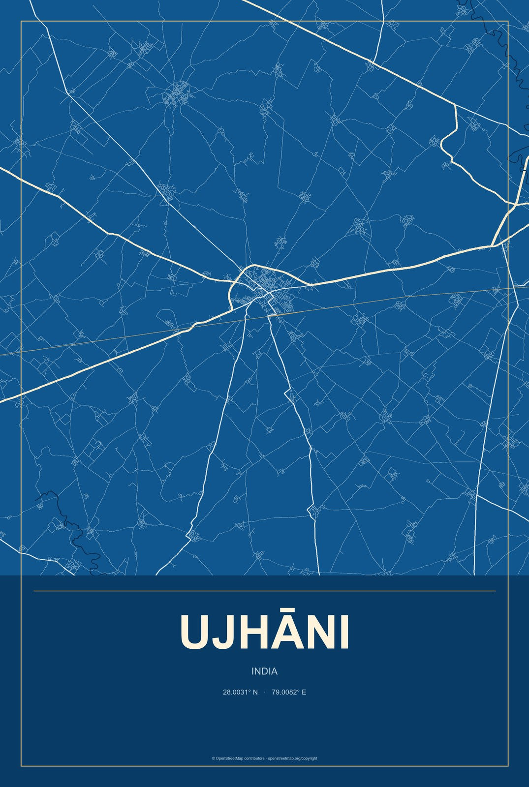 Ujhāni, India City Map Aluminum Sign in Harbor Cobalt style
