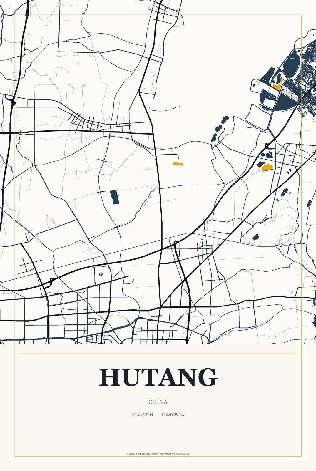 Hutang, China City Map Aluminum Sign in Citrine Modern style