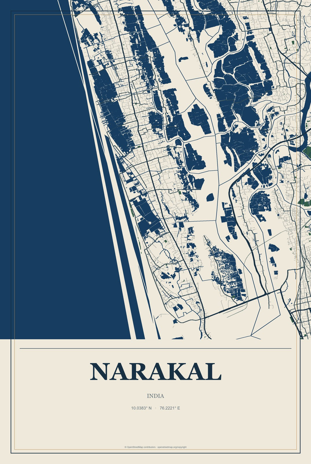 Narakal, India City Map Aluminum Sign in Coastal Cutout style