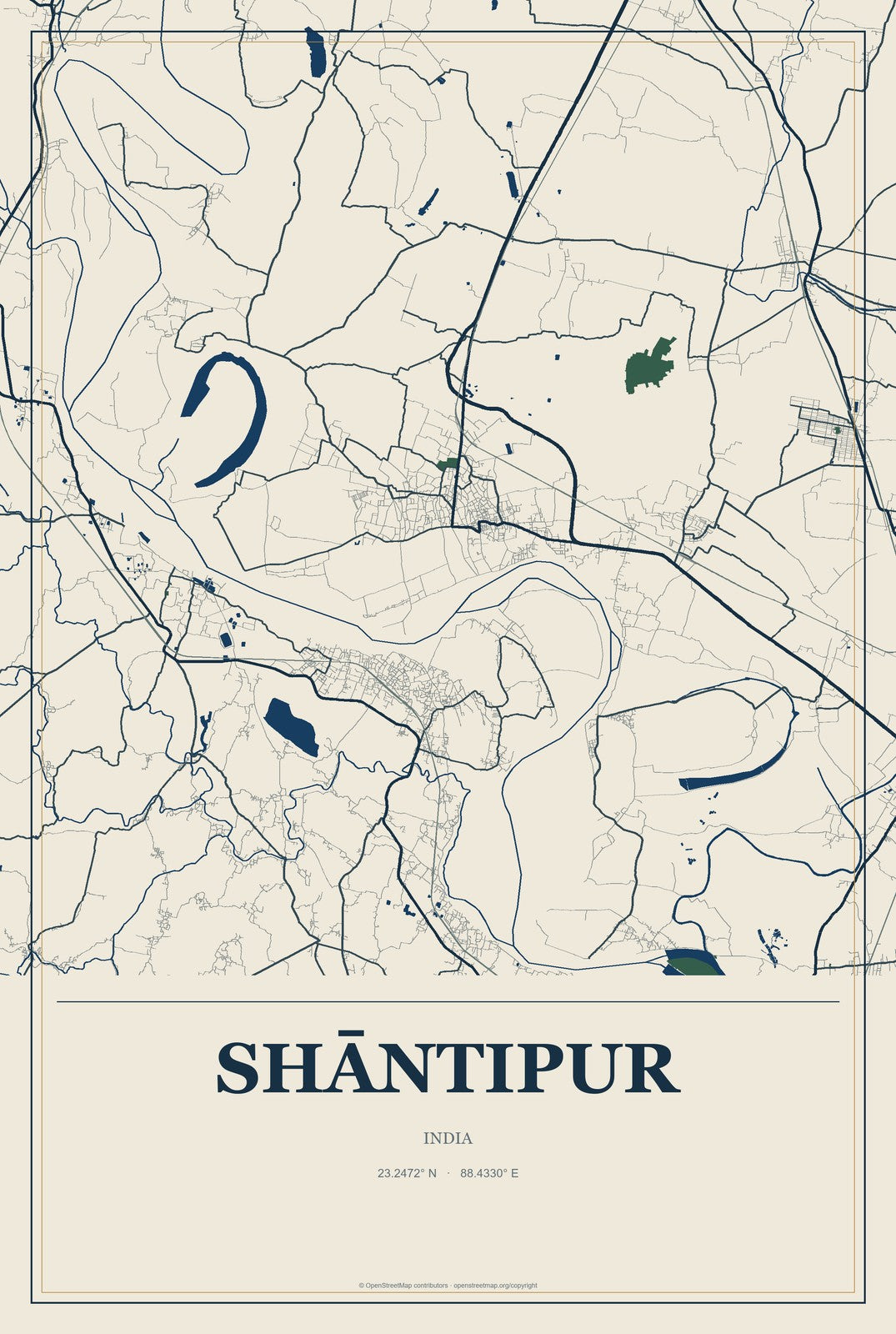 Shāntipur, India City Map Aluminum Sign in Coastal Cutout style