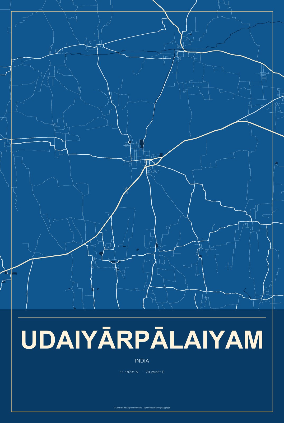 Udaiyārpālaiyam, India City Map Aluminum Sign in Harbor Cobalt style