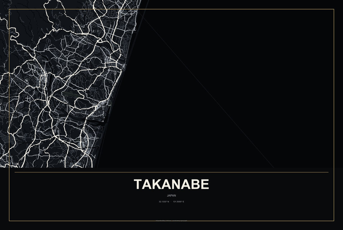 Takanabe, Japan City Map Aluminum Sign in Metropolitan Noir style