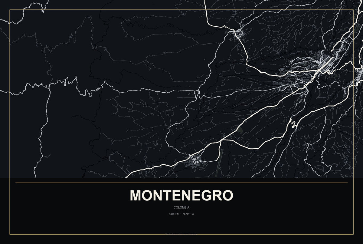 Montenegro, Colombia City Map Aluminum Sign in Metropolitan Noir style