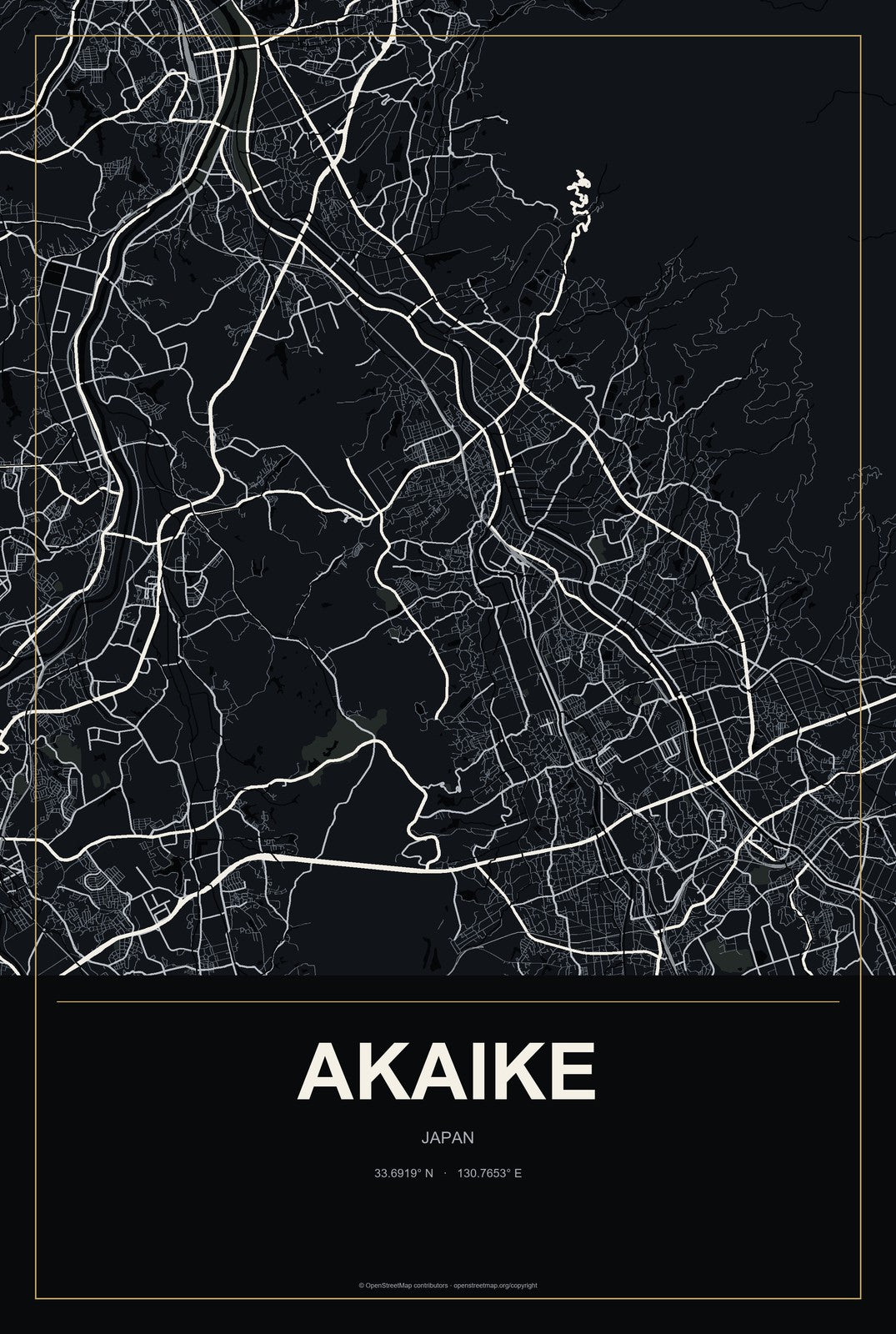 Akaike, Japan City Map Aluminum Sign in Metropolitan Noir style