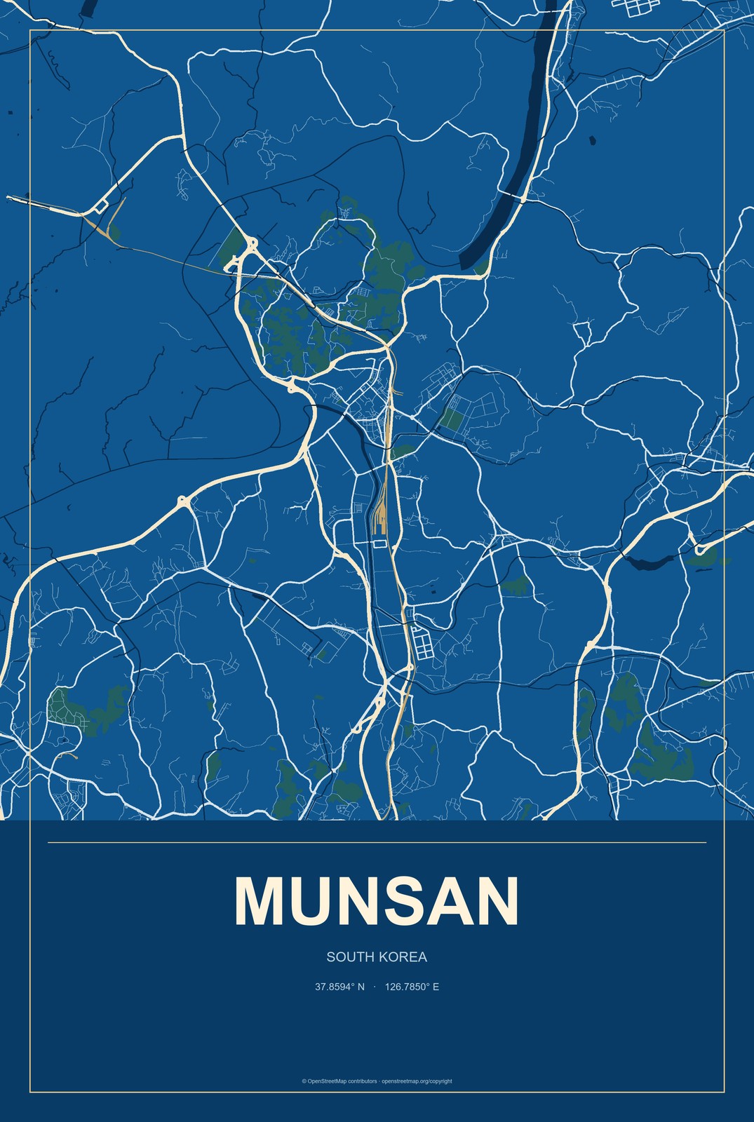Munsan, South Korea City Map Aluminum Sign in Harbor Cobalt style
