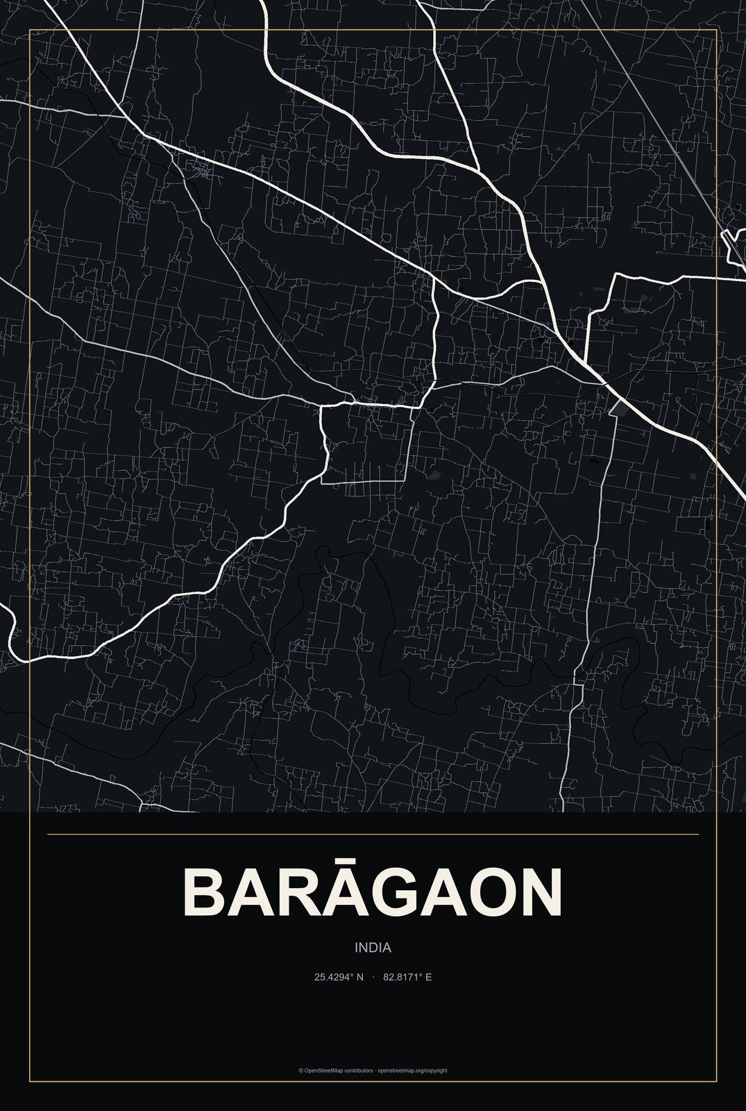 Barāgaon, India City Map Aluminum Sign in Metropolitan Noir style