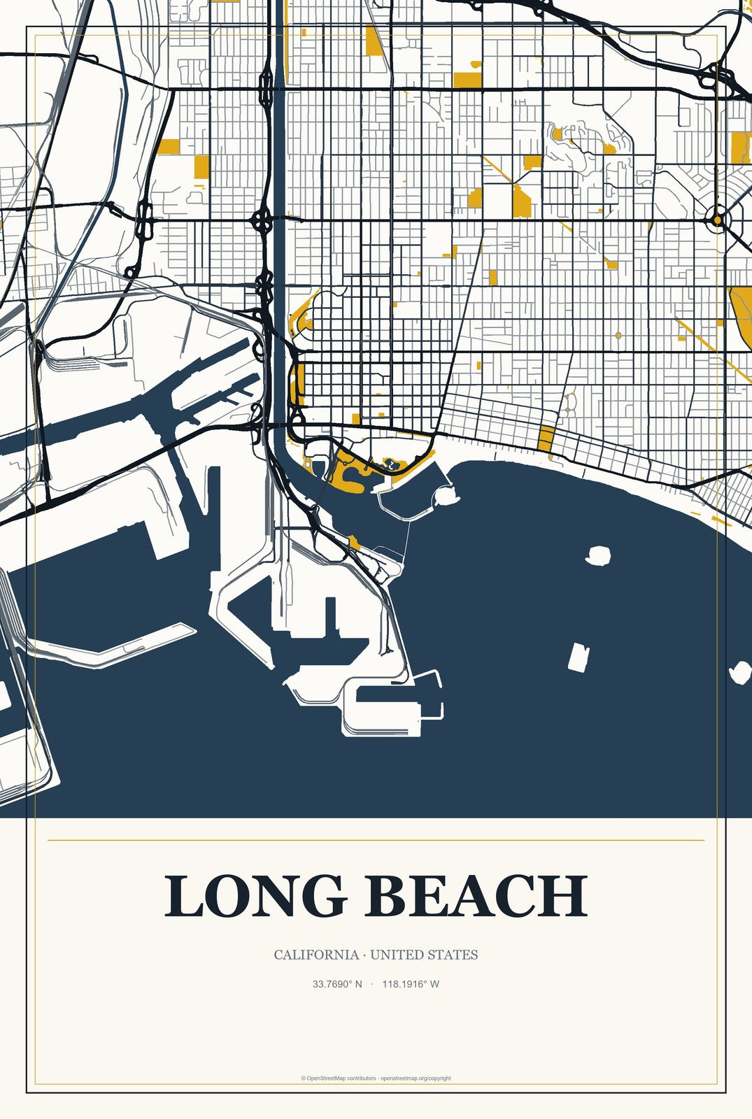 Long Beach, California City Map Aluminum Sign in Citrine Modern style