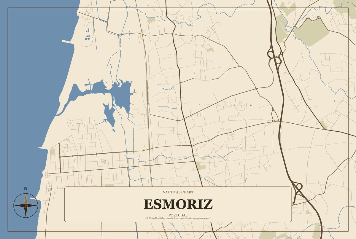 Esmoriz, Portugal City Map Aluminum Sign in Heritage Nautical style