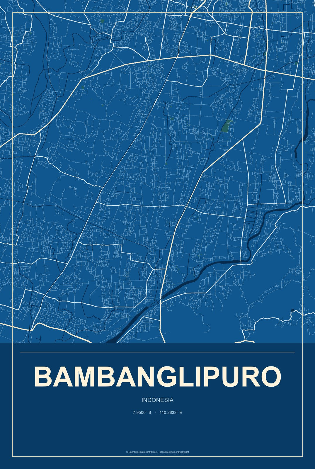 Bambanglipuro, Indonesia City Map Aluminum Sign in Harbor Cobalt style