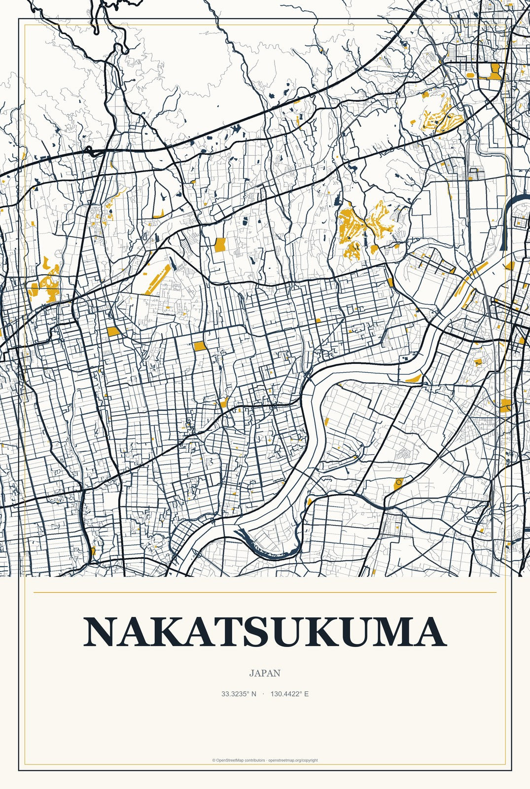Nakatsukuma, Japan City Map Aluminum Sign in Citrine Modern style