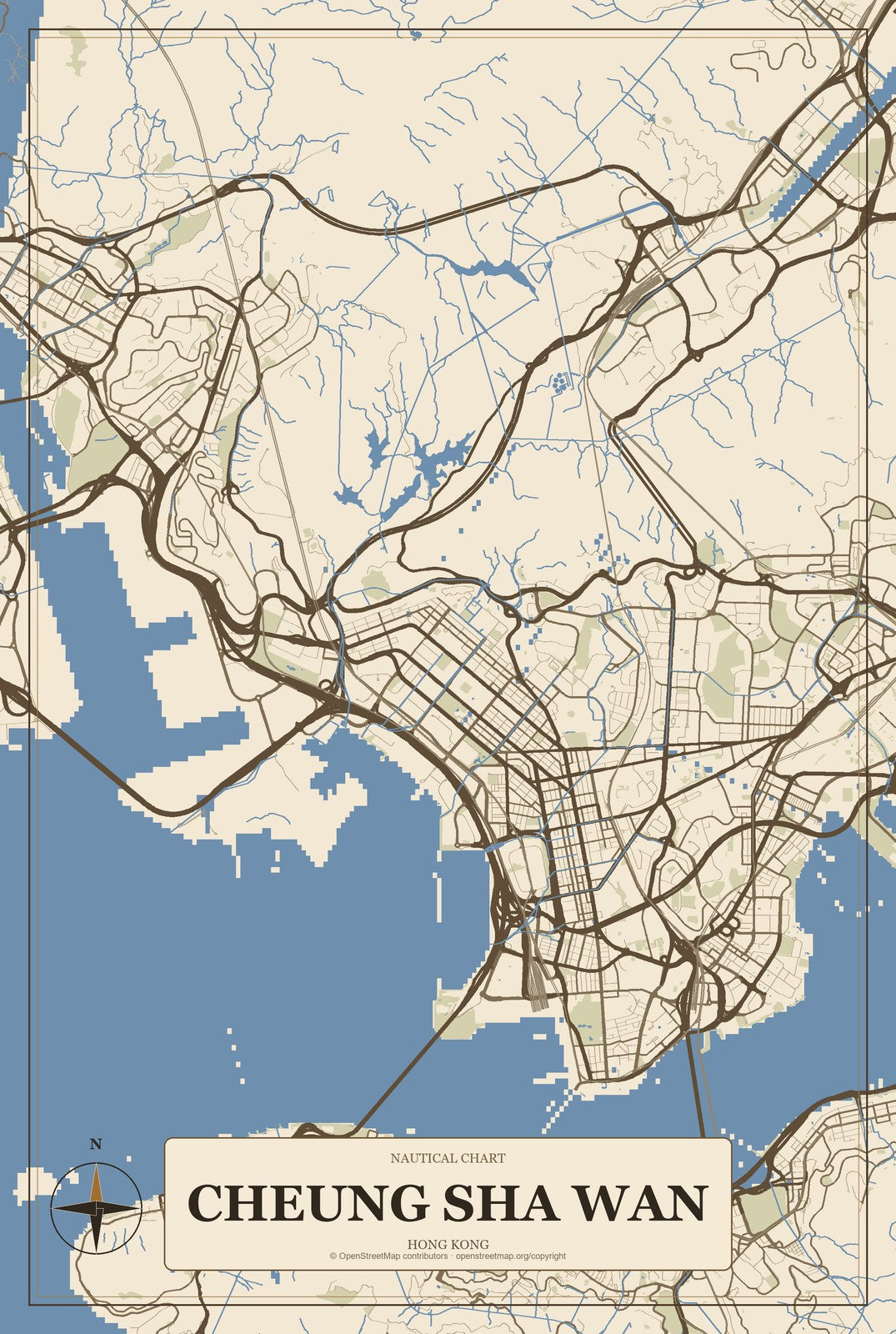 Cheung Sha Wan, Hong Kong City Map Aluminum Sign in Heritage Nautical style