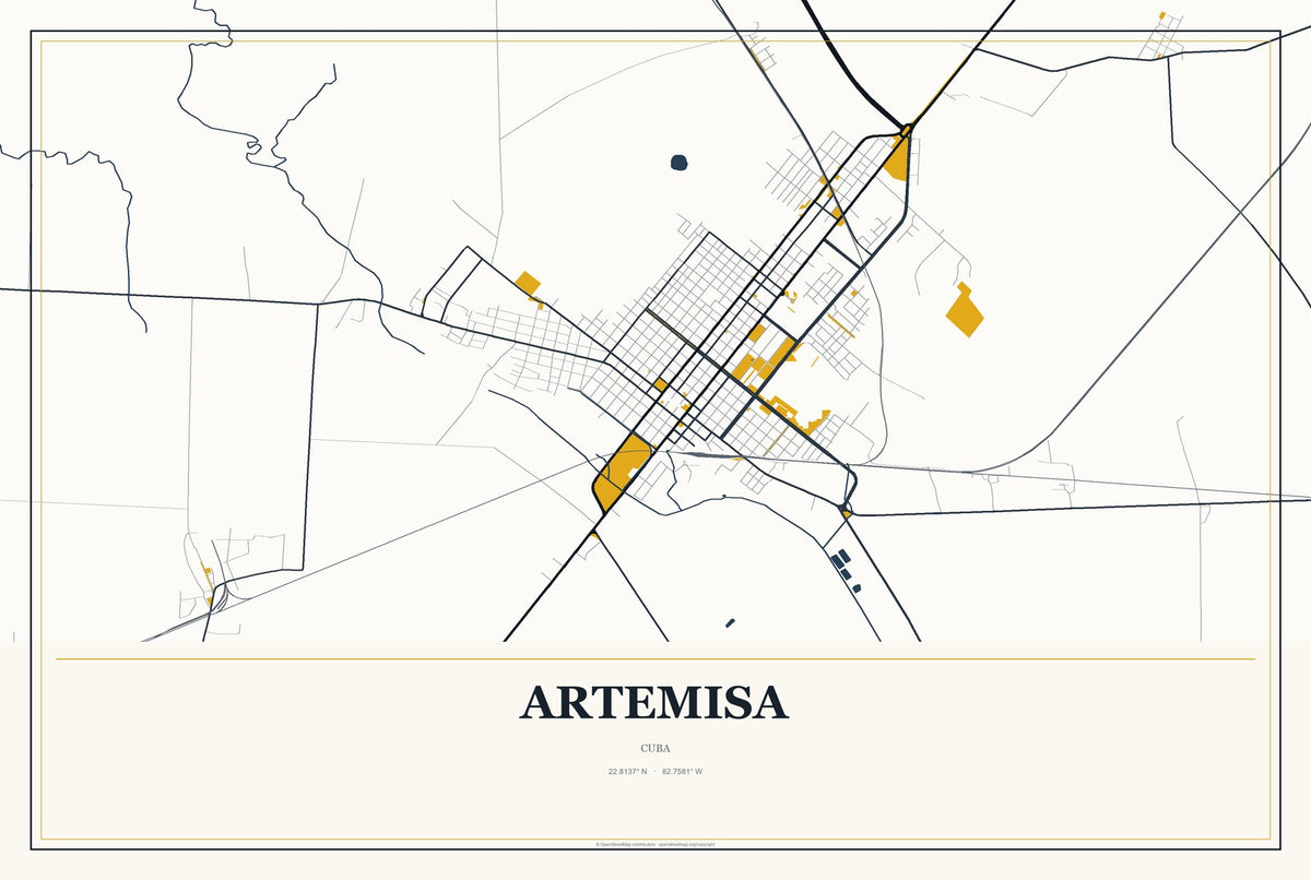 Artemisa, Cuba City Map Aluminum Sign in Citrine Modern style
