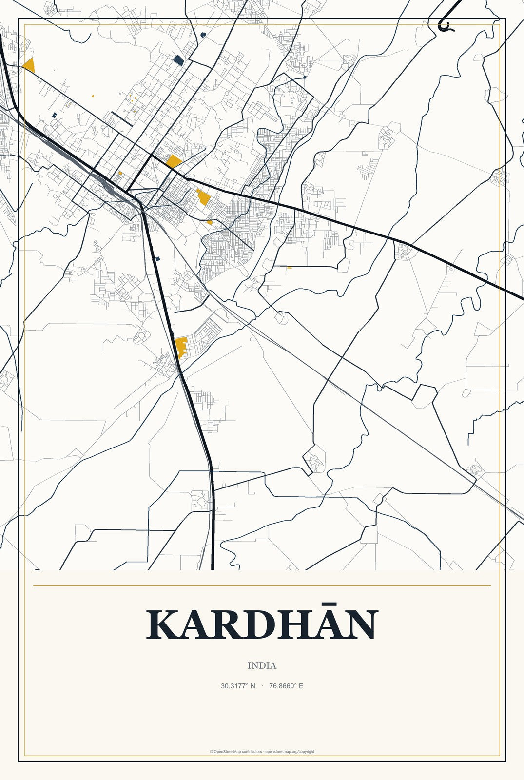 Kardhān, India City Map Aluminum Sign in Citrine Modern style