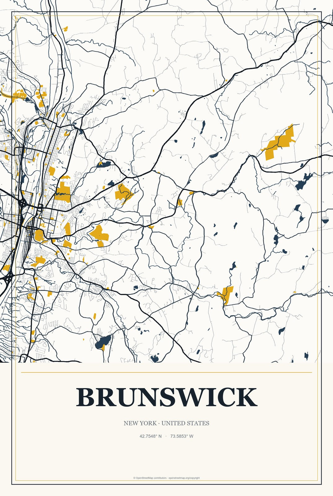 Brunswick, New York City Map Aluminum Sign in Citrine Modern style