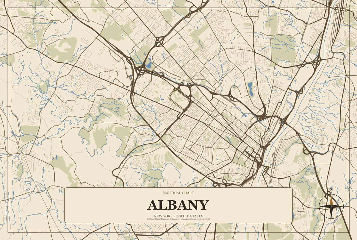 Albany, New York City Map Aluminum Sign in Heritage Nautical style
