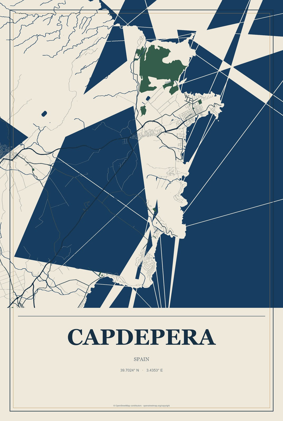 Capdepera, Spain City Map Aluminum Sign in Coastal Cutout style