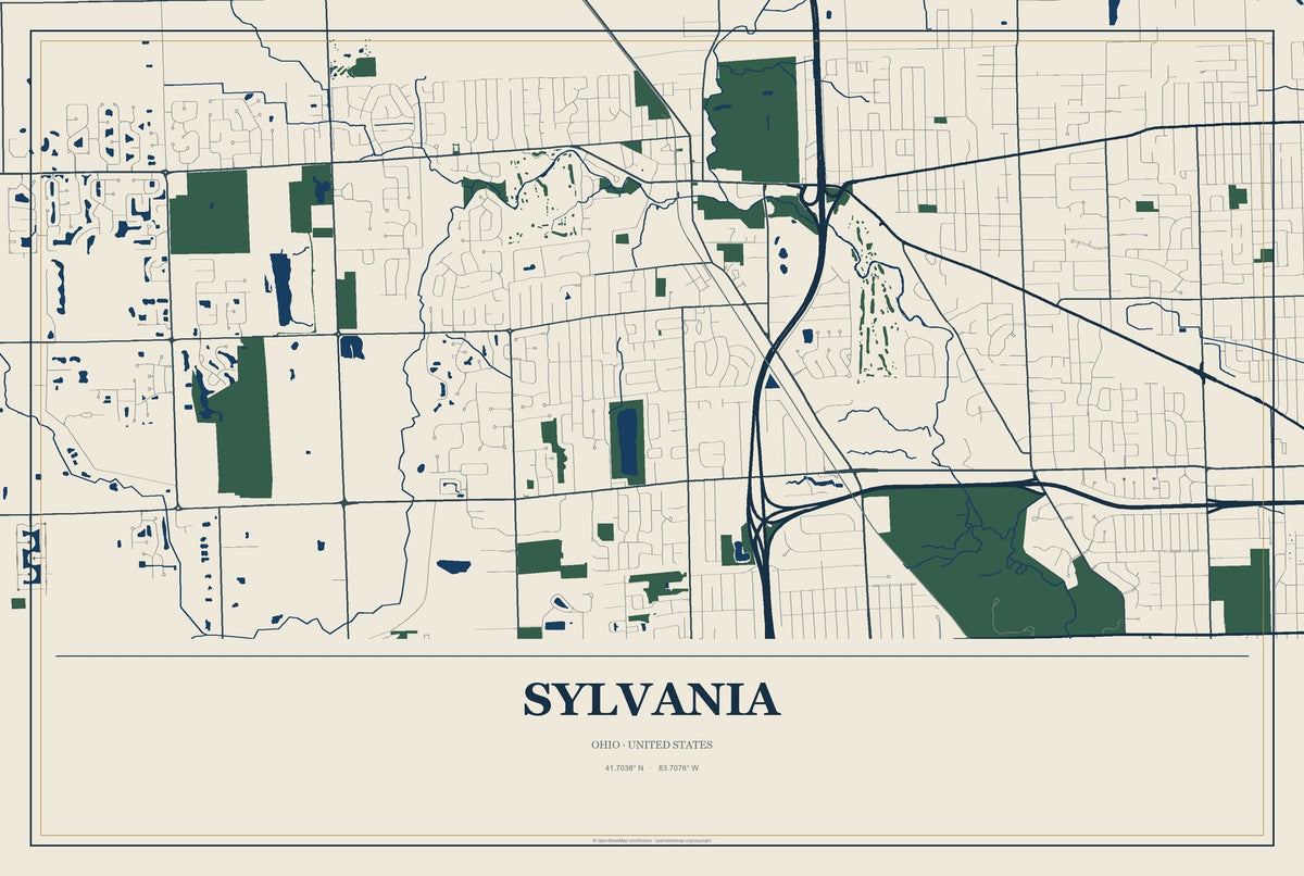 Sylvania, Ohio City Map Aluminum Sign in Coastal Cutout style