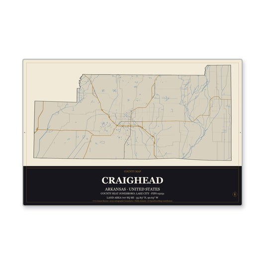 Craighead County, Arkansas Map Aluminum Sign in Museum Plaque style