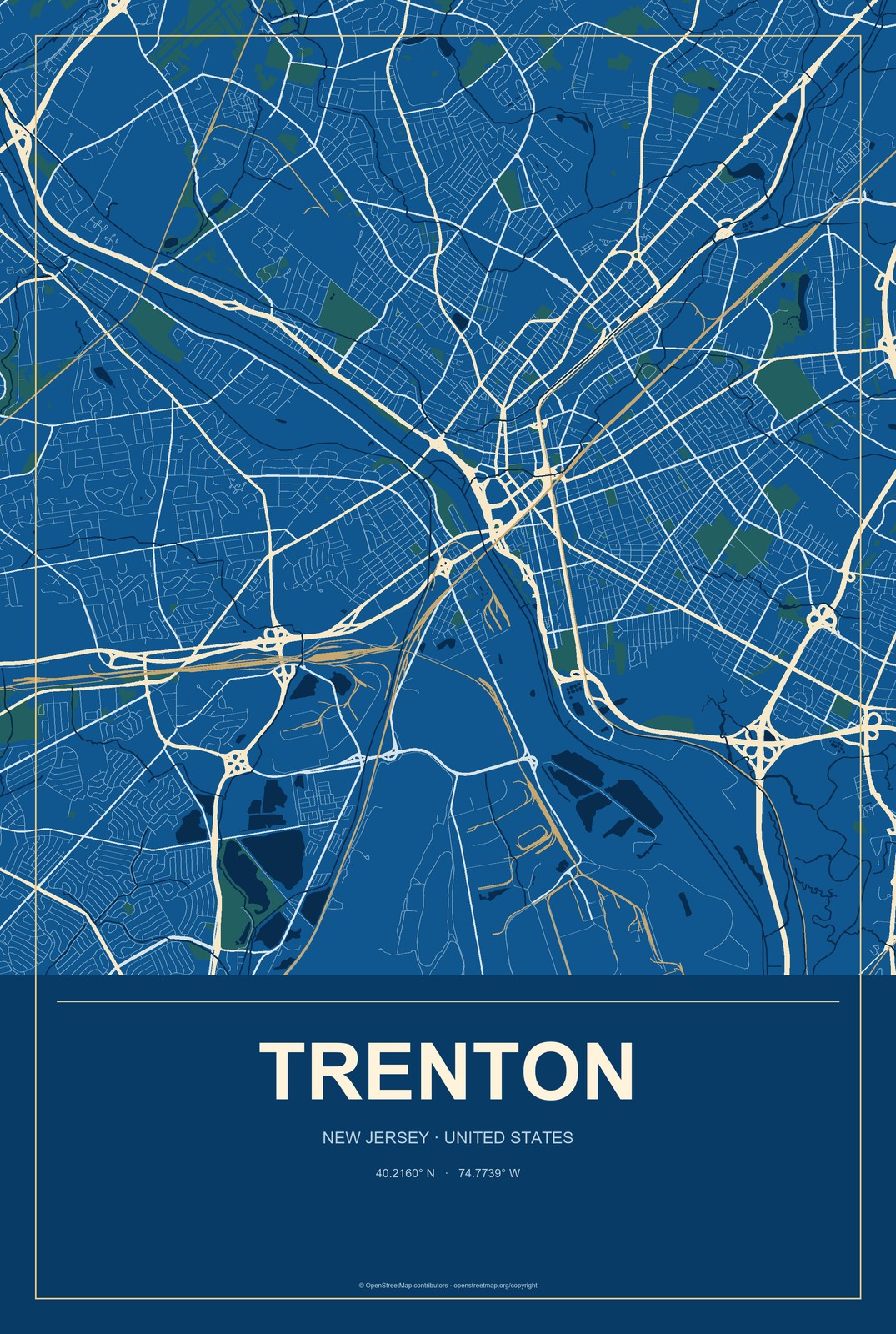Trenton, New Jersey City Map Aluminum Sign in Harbor Cobalt style