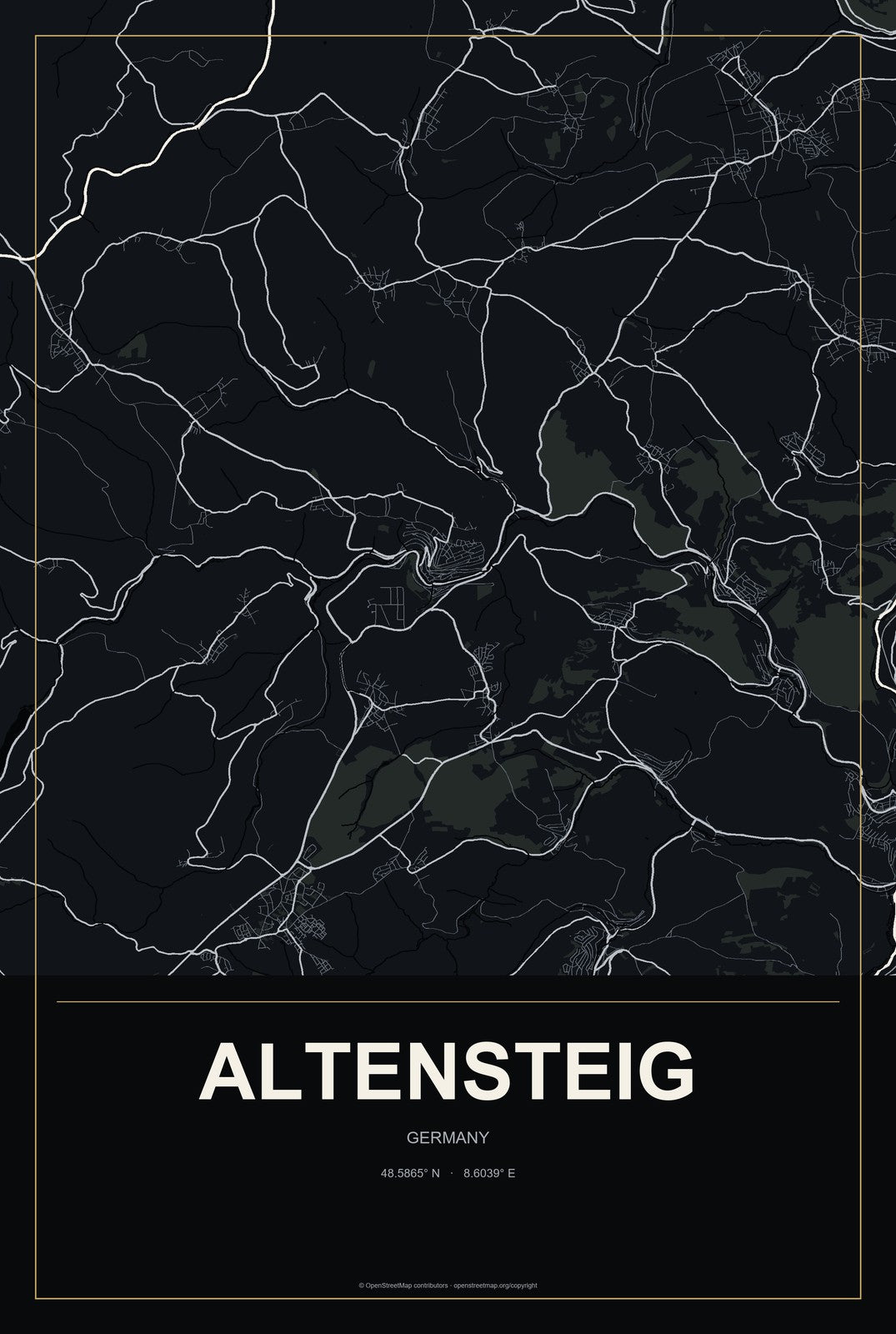 Altensteig, Germany City Map Aluminum Sign in Metropolitan Noir style
