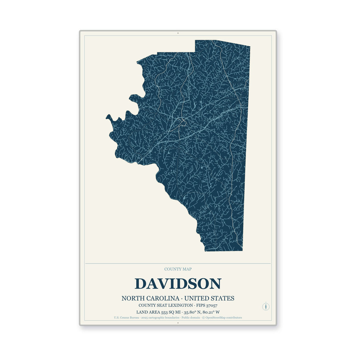 Davidson County, North Carolina Map Aluminum Sign in Coastal Cutout style