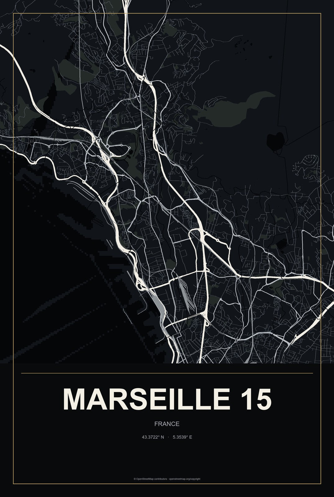 Marseille 15, France City Map Aluminum Sign in Metropolitan Noir style