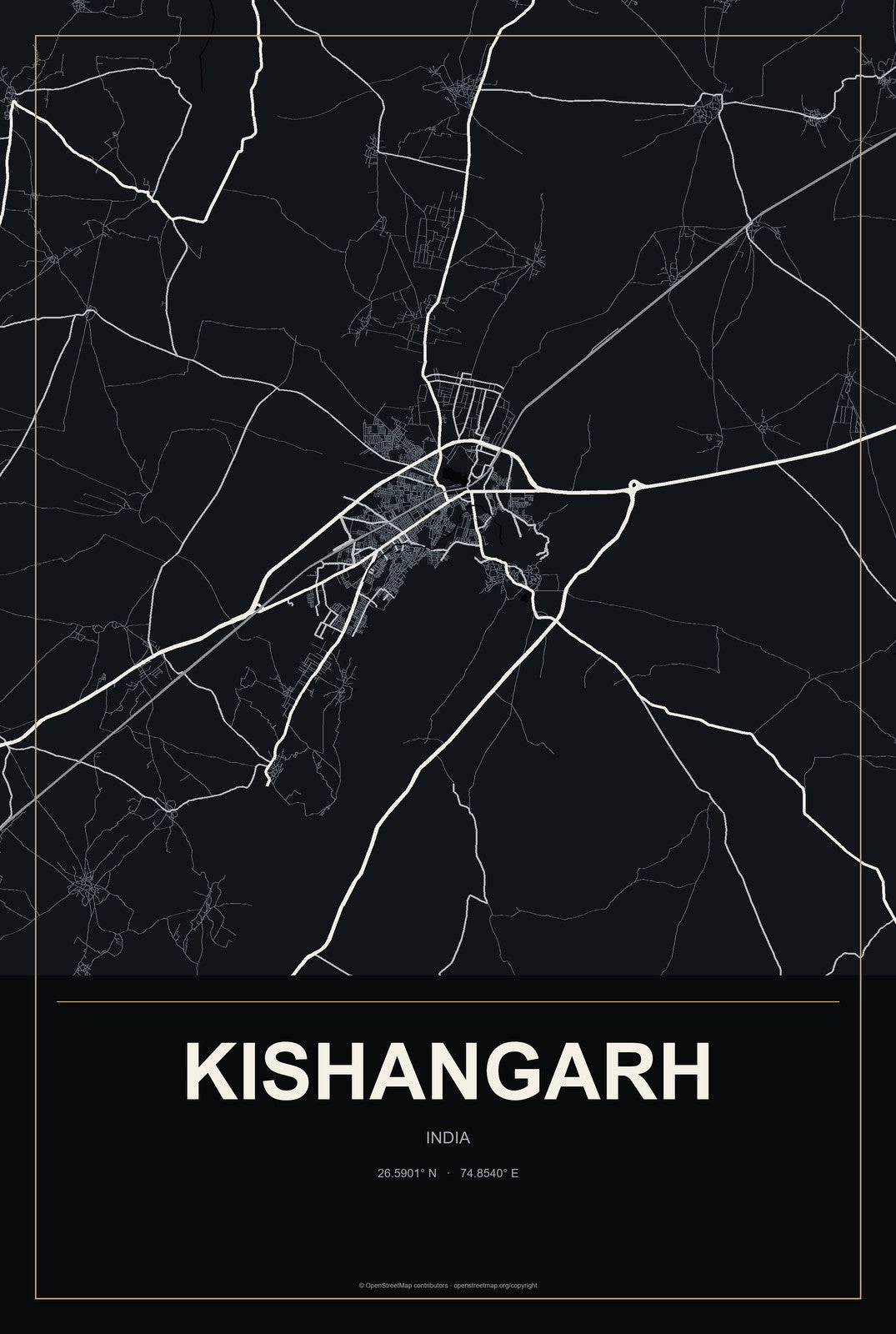 Kishangarh, India City Map Aluminum Sign in Metropolitan Noir style