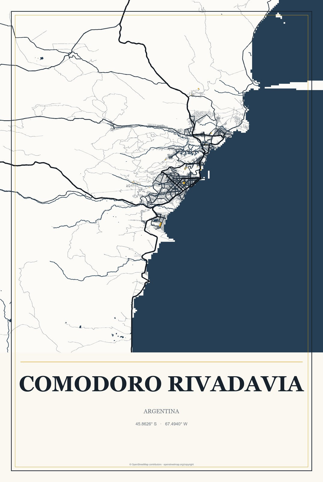 Comodoro Rivadavia, Argentina City Map Aluminum Sign in Citrine Modern style