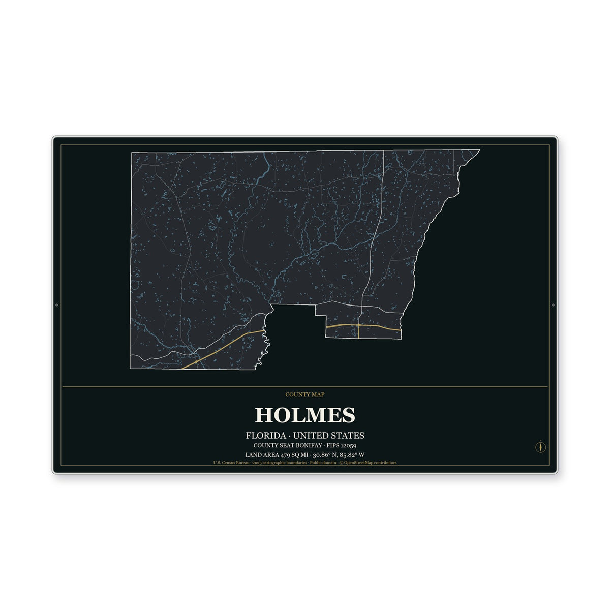 Holmes County, Florida Map Aluminum Sign in Metropolitan Noir style