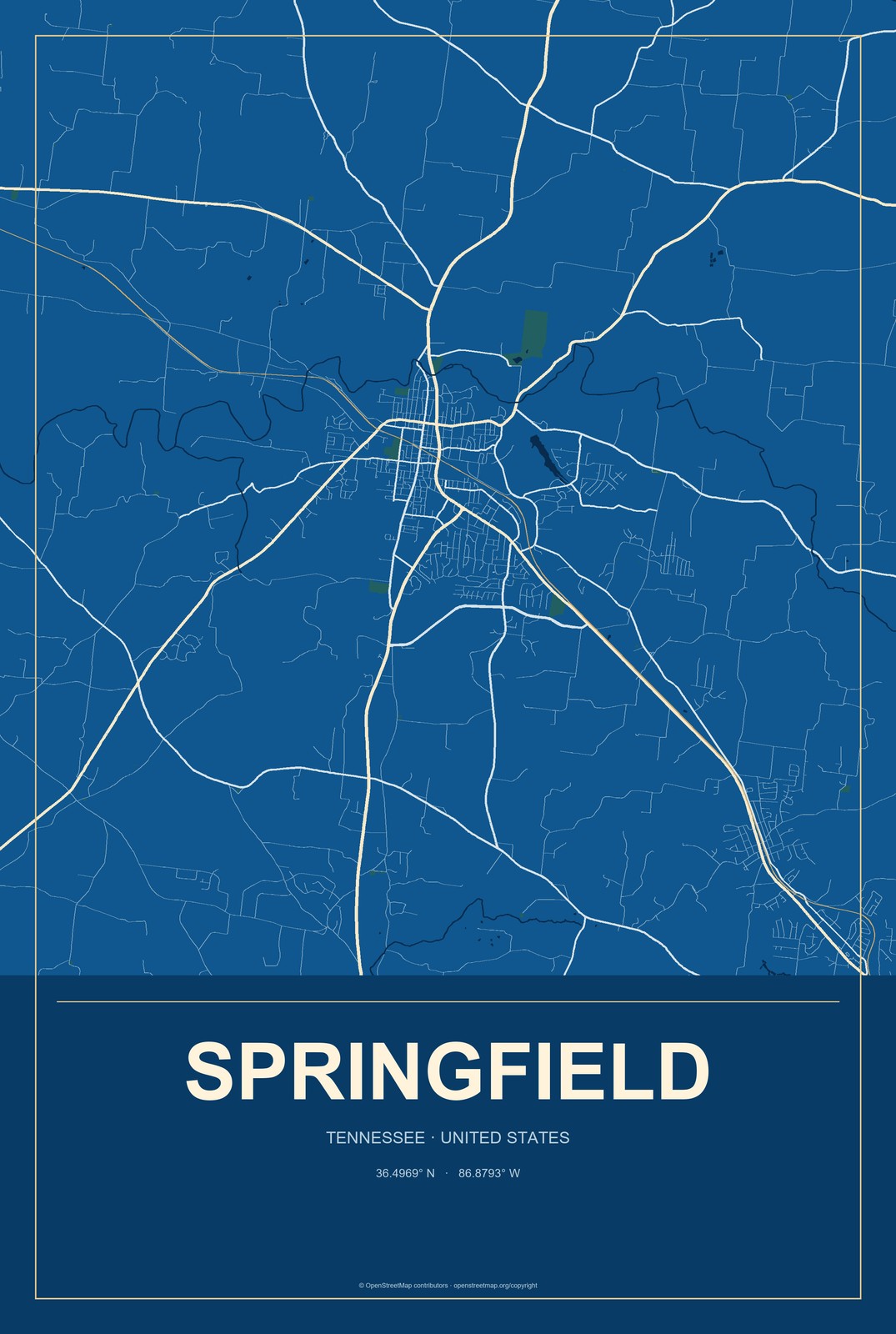 Springfield, Tennessee City Map Aluminum Sign in Harbor Cobalt style