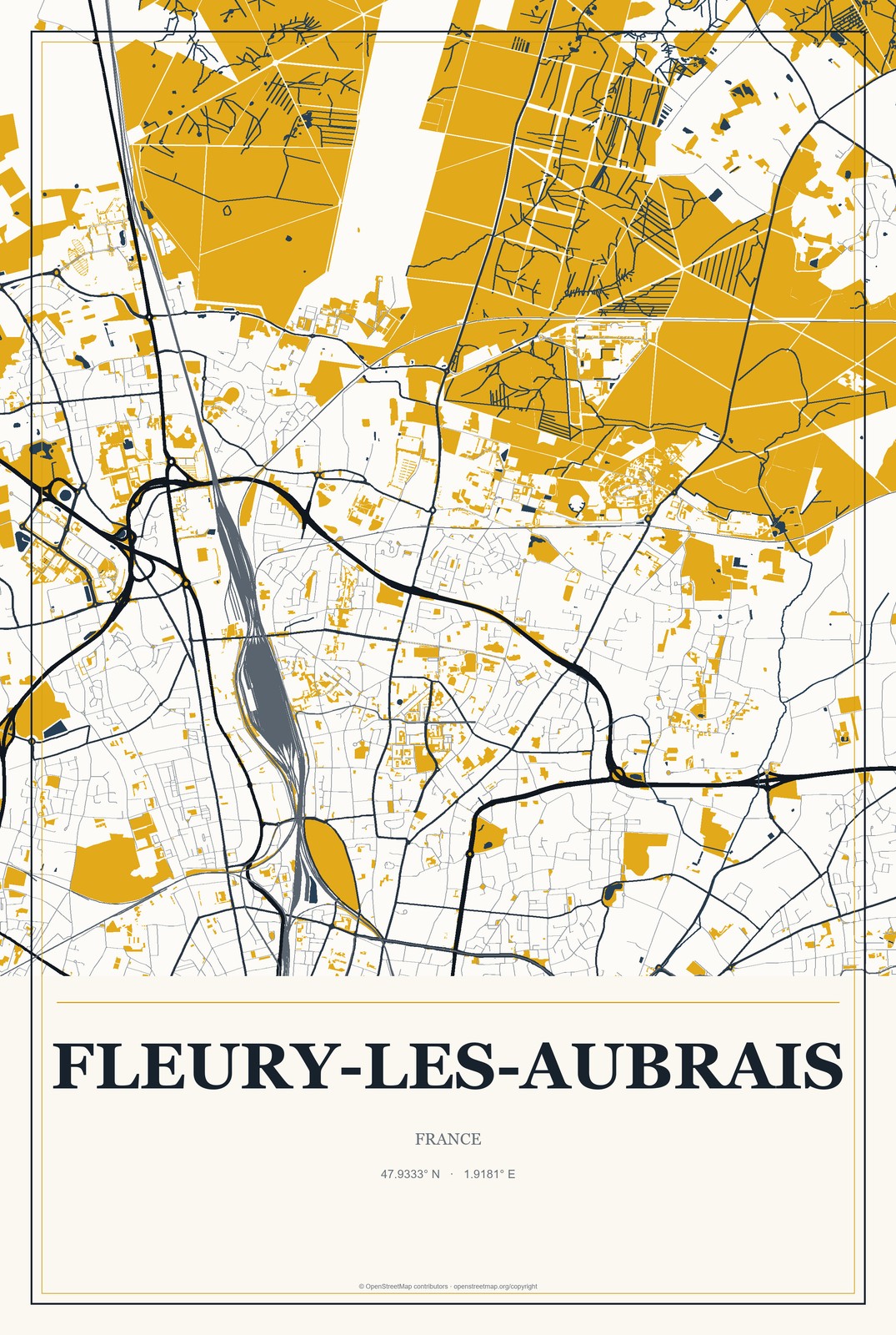 Fleury-les-Aubrais, France City Map Aluminum Sign in Citrine Modern style