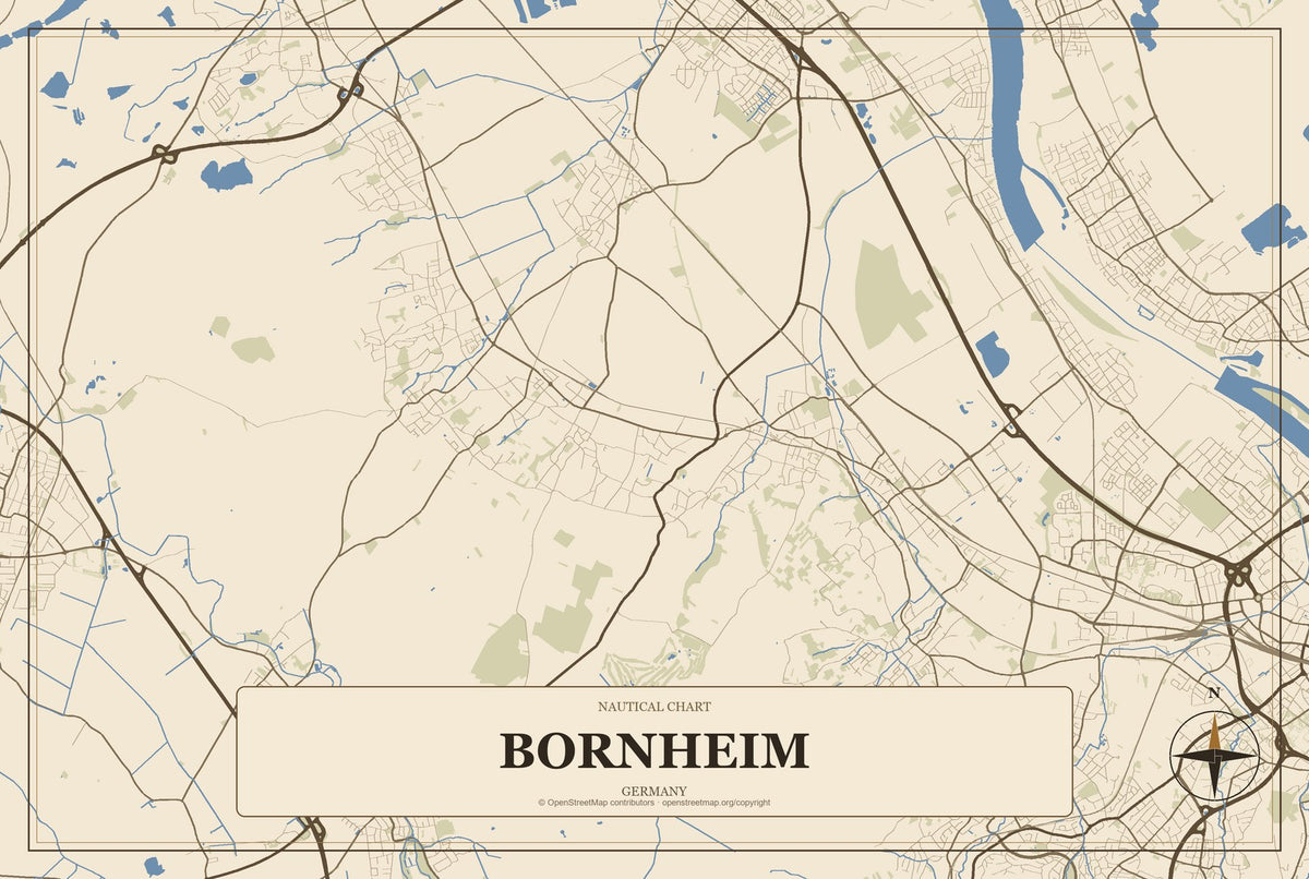 Bornheim, Germany City Map Aluminum Sign in Heritage Nautical style