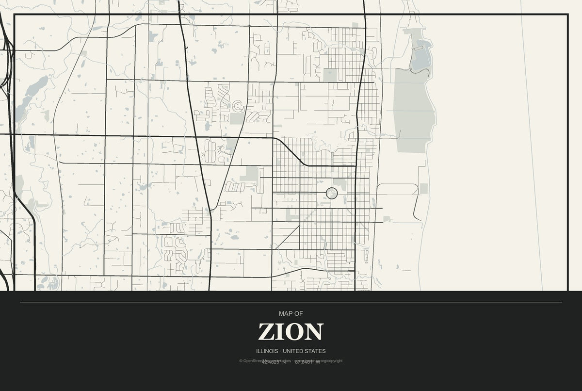 Zion, Illinois City Map Aluminum Sign in Museum Plaque style